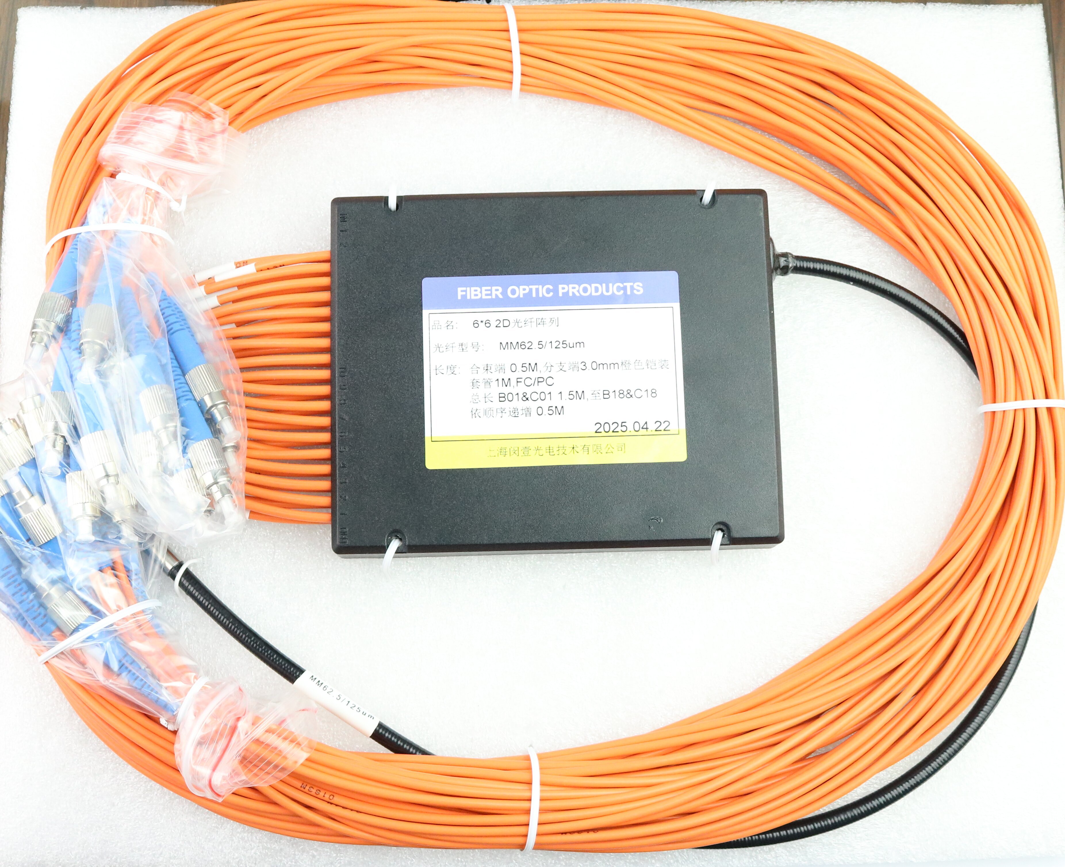 6x6 Square 2D FA MM 62.5/125um Fiber Array with armored tube fiber ...